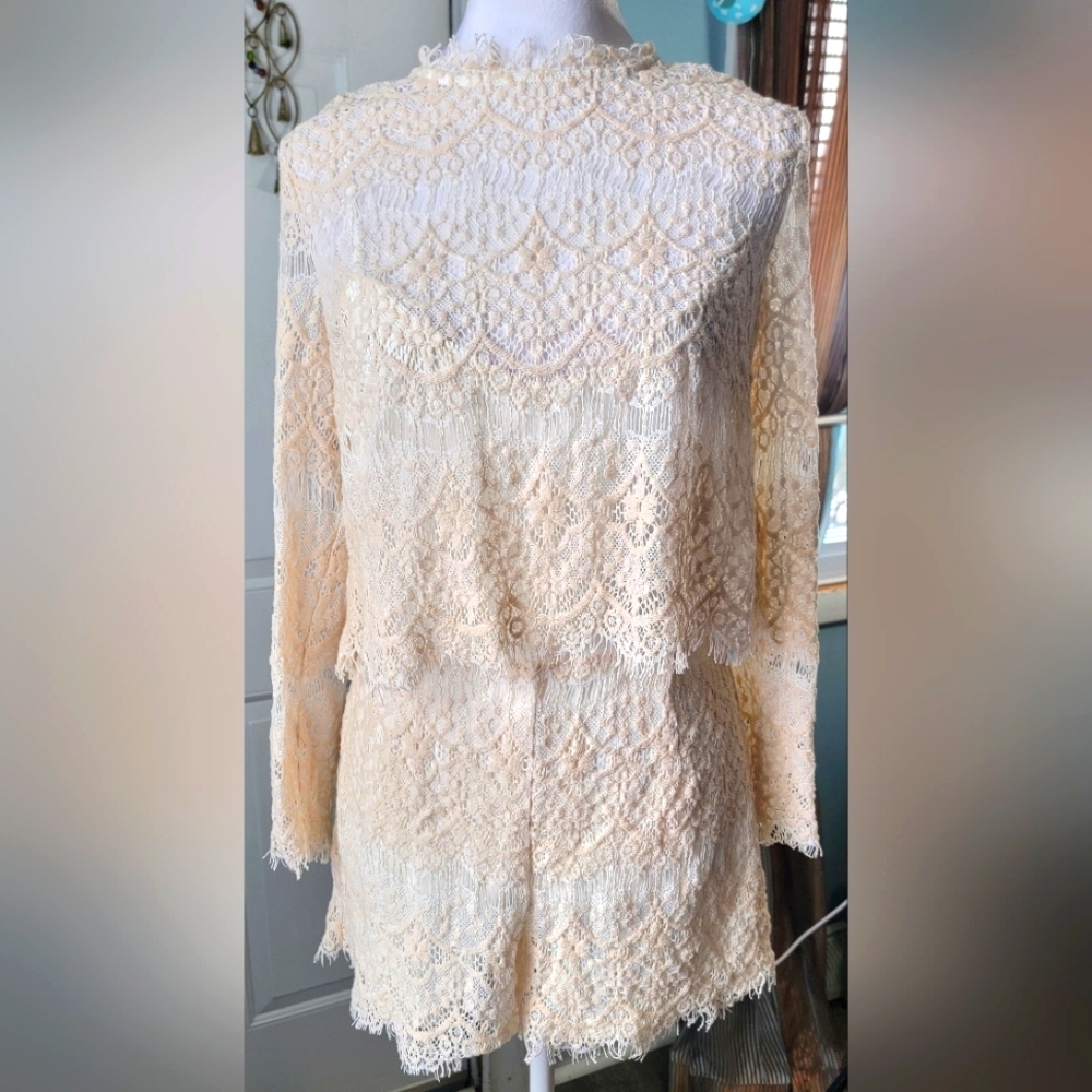 SAYLOR Anthropologie Lace Layered Romper Women's S Cream Long Sleeve Raw Hemline